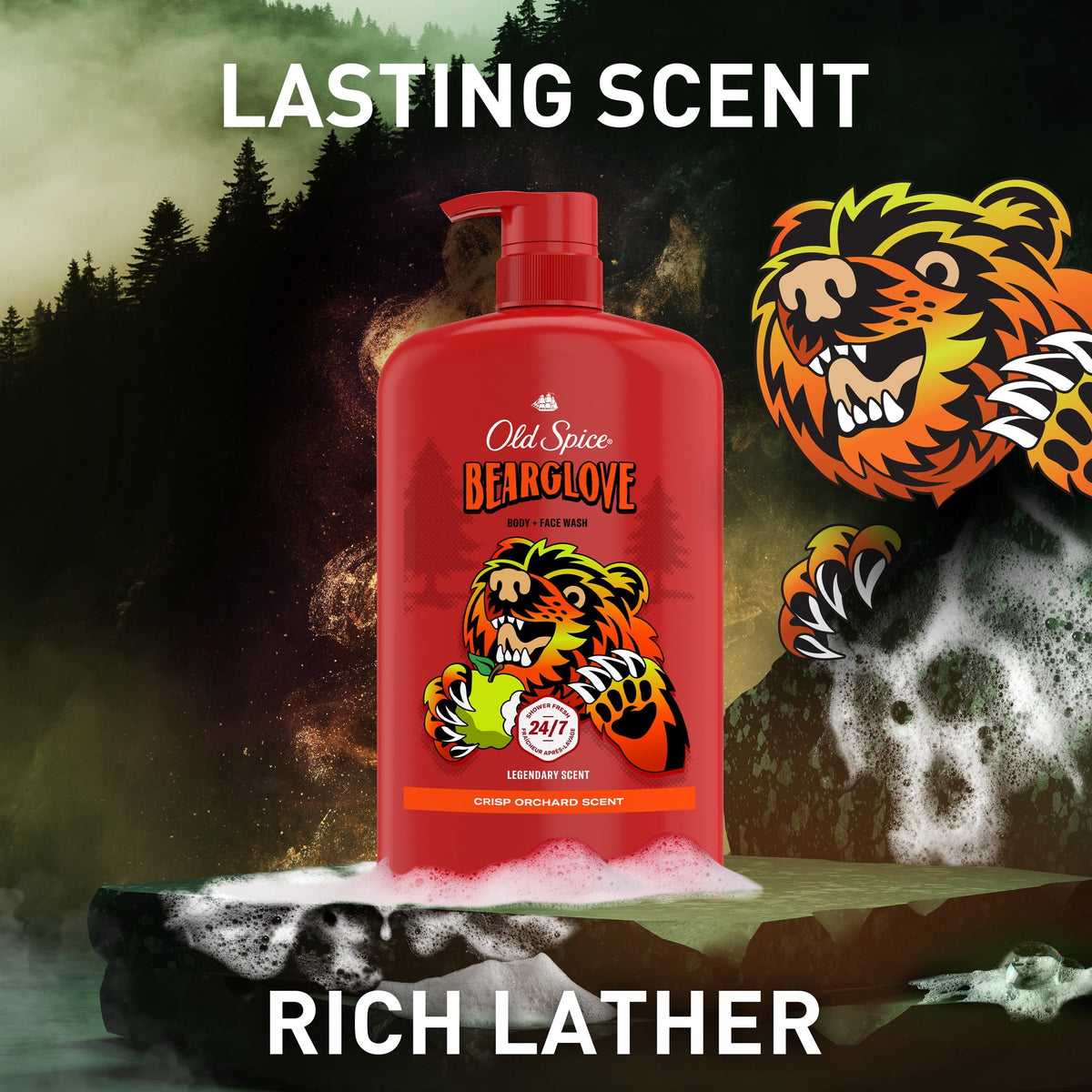 Old Spice Body & Face Wash for Men, 24/7 Shower Fresh, Bearglove Crisp Orchard, 33.4 fl oz