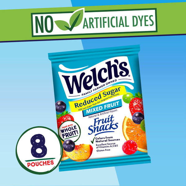 Welch's Fruit Snacks, Mixed Fruit, Reduced Sugar, Soft Kids Snacks, 0.8 oz, 8 Count
