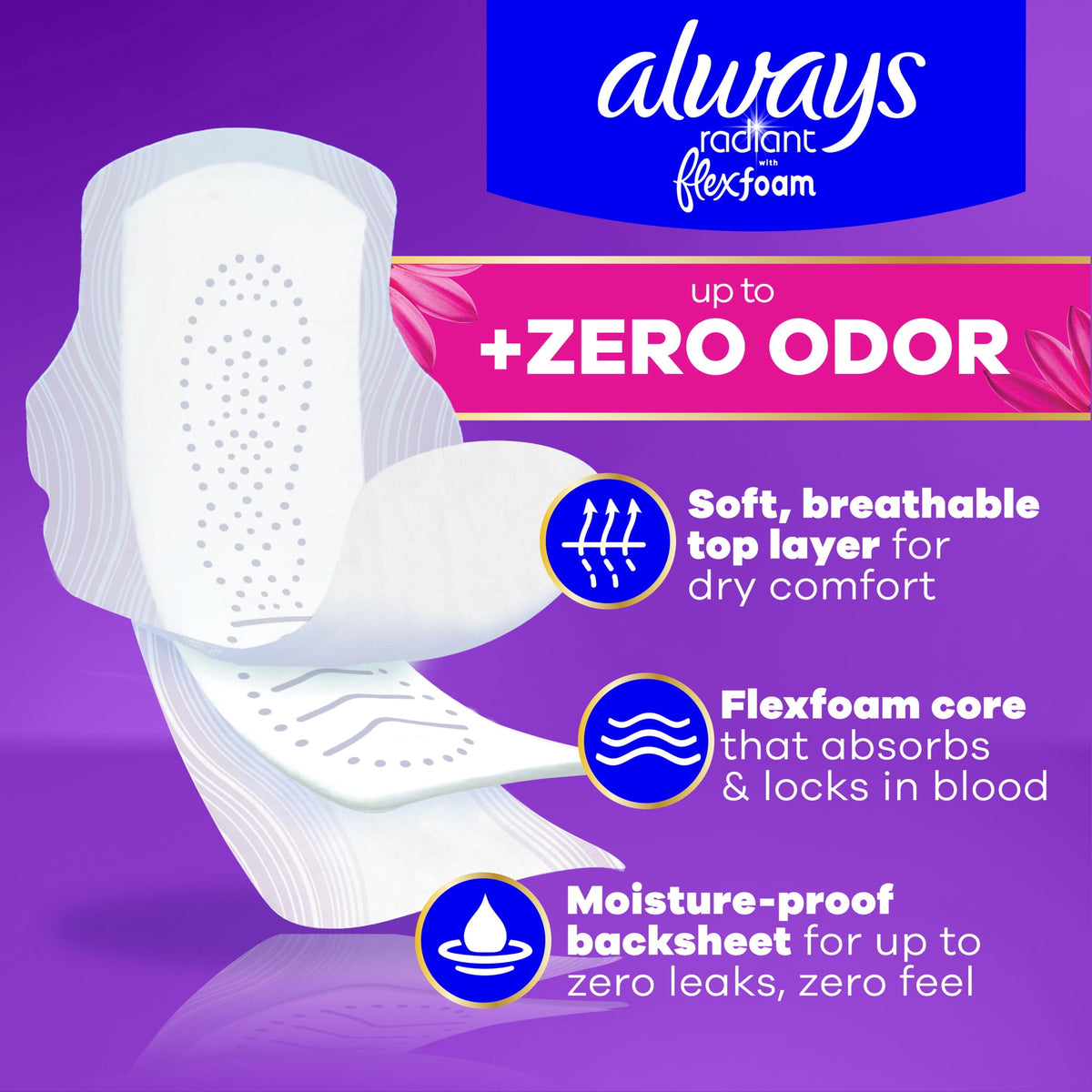 Always Radiant with FlexFoam Pads, Size 4, Overnight, Wings, 20 Count