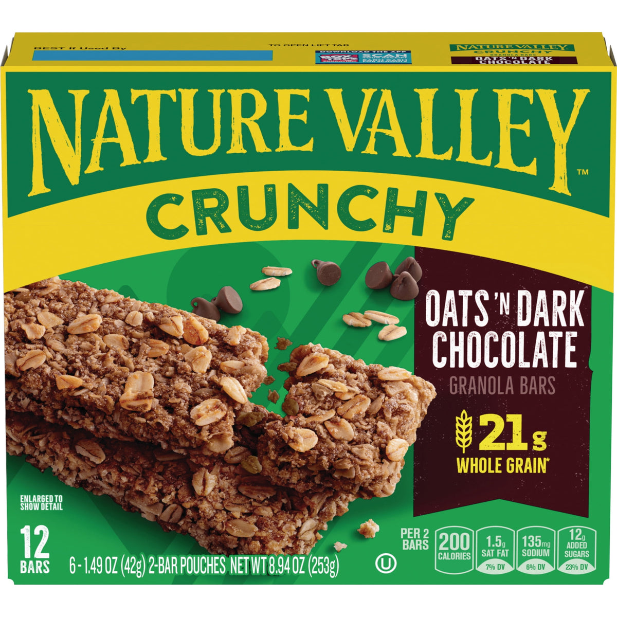 Nature Valley Crunchy Granola Bars, Oats 'n Dark Chocolate, 12 Count, 8.94 oz (6 Pouches)
