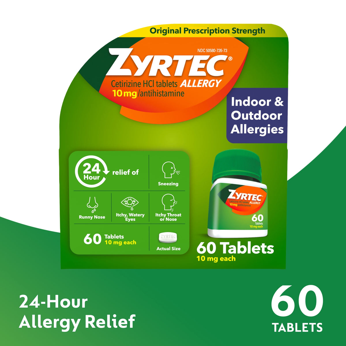 Zyrtec 24 Hour Allergy Medicine Tablets, 10 mg Cetirizine HCl Antihistamine, 60 Count