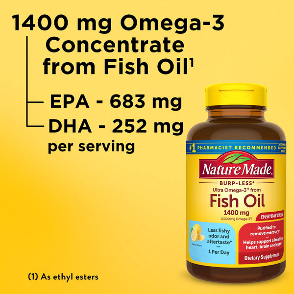 Nature Made Burp Less Ultra Omega 3 Fish Oil 1400 mg Softgels, Fish Oil Supplements, 100 Count