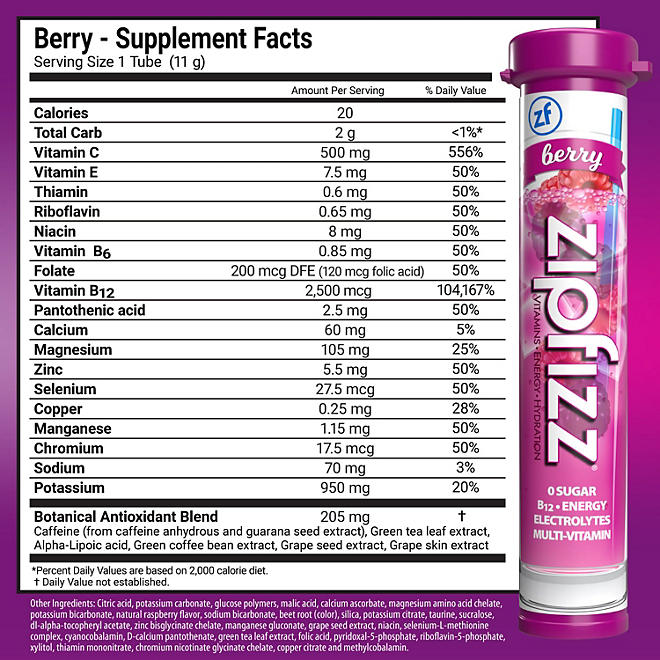 Zipfizz Energy Drink Mix, Berry, 20 ea