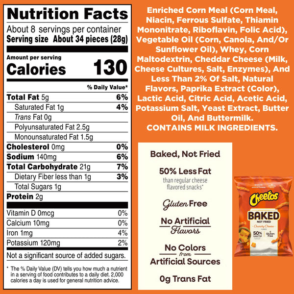 Baked Cheetos Crunchy 50% Less Fat Cheese Flavored Snacks Bag, 7.625 oz