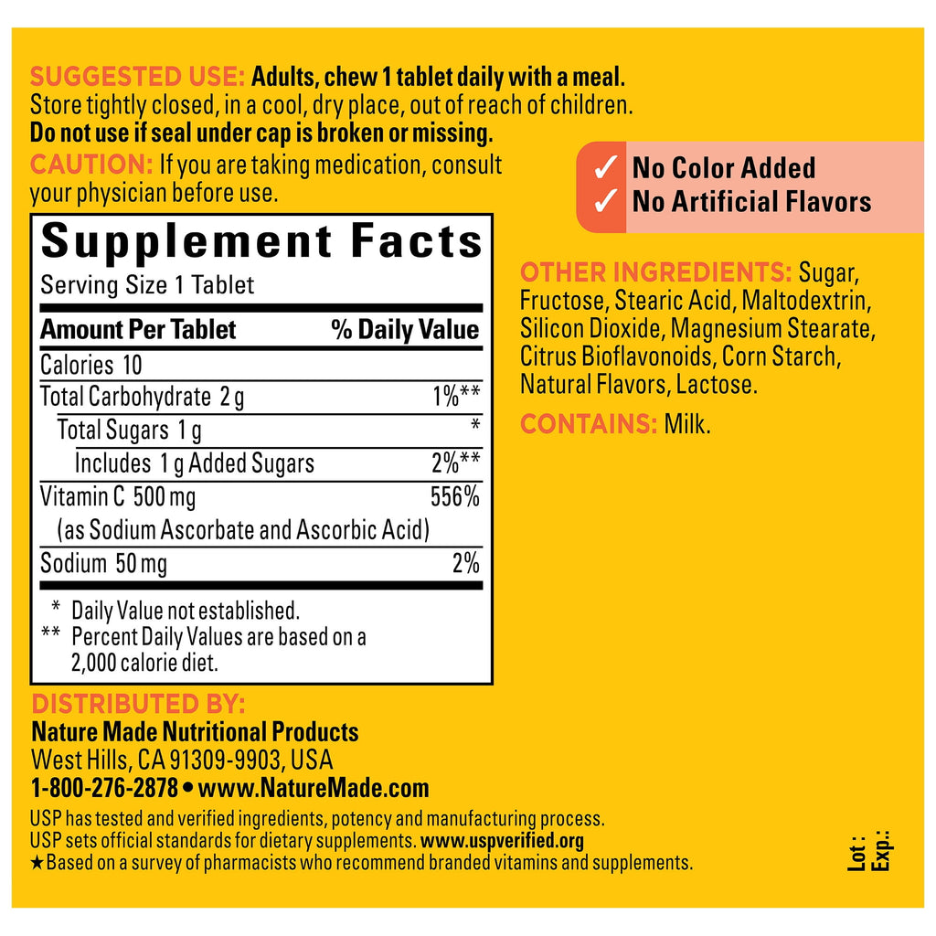 Nature Made Chewable Vitamin C 500 mg Tablets, Dietary Supplement for Immune Support, 70 Ct