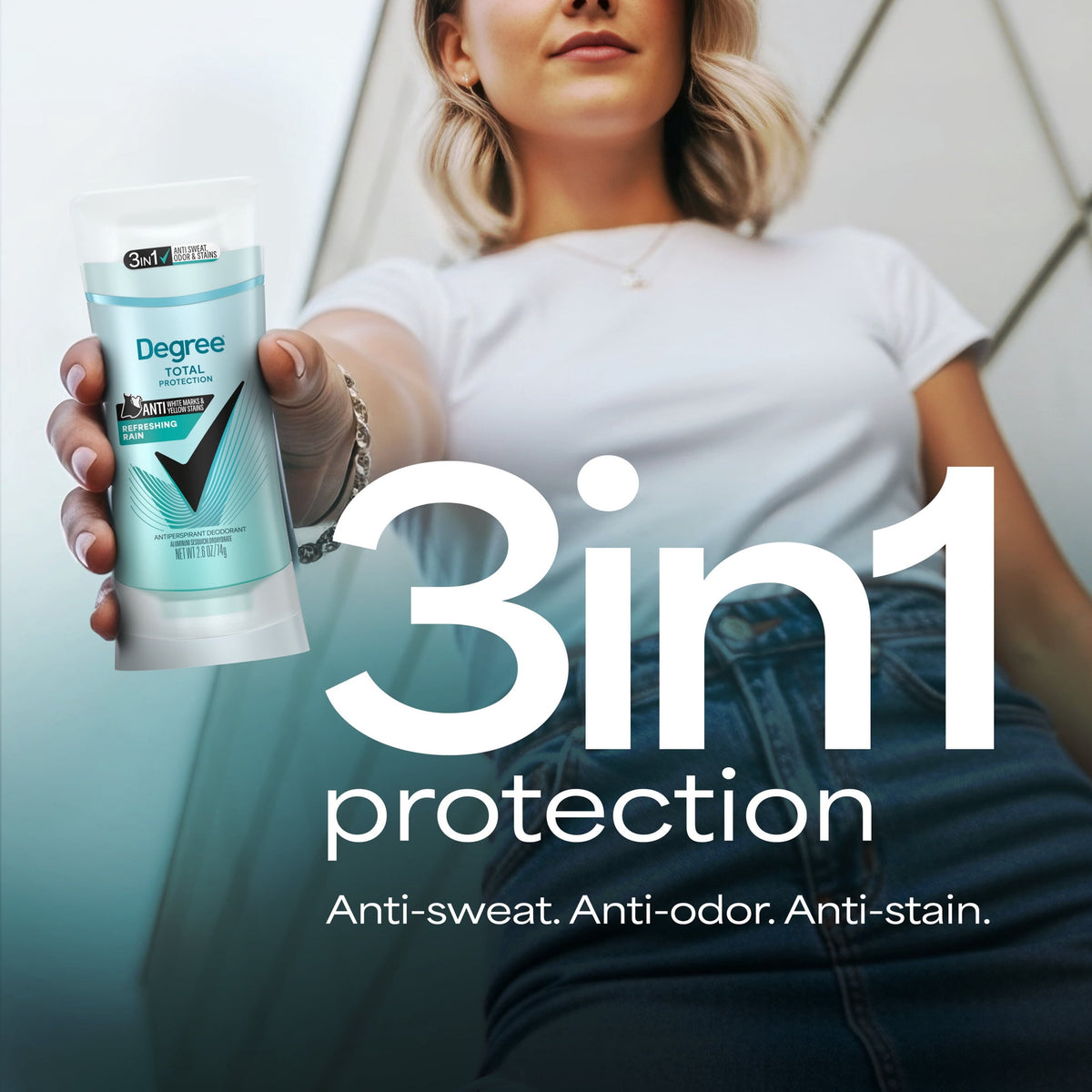 Degree 3in1 Total Protection Antiperspirant Deodorant for Women Anti Sweat, Odor and Stains Refreshing Rain 72-hour Sweat and Odor Protection, 2.6 oz