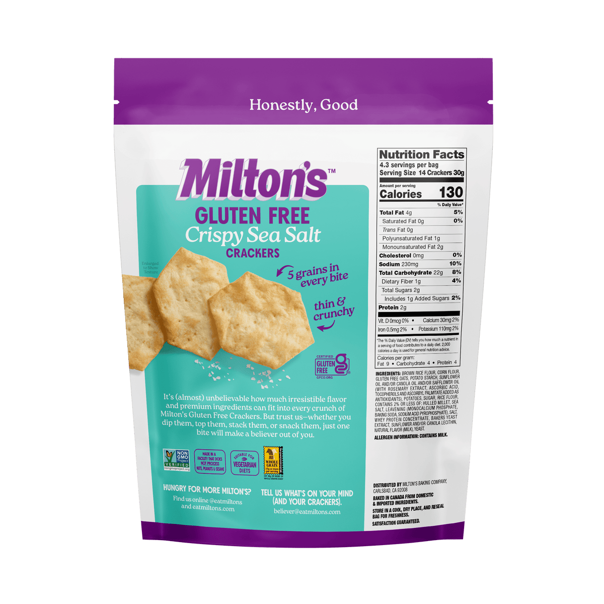 Milton's Gluten Free Crackers - Crispy Sea Salt, 4.5oz, Plastic Bag