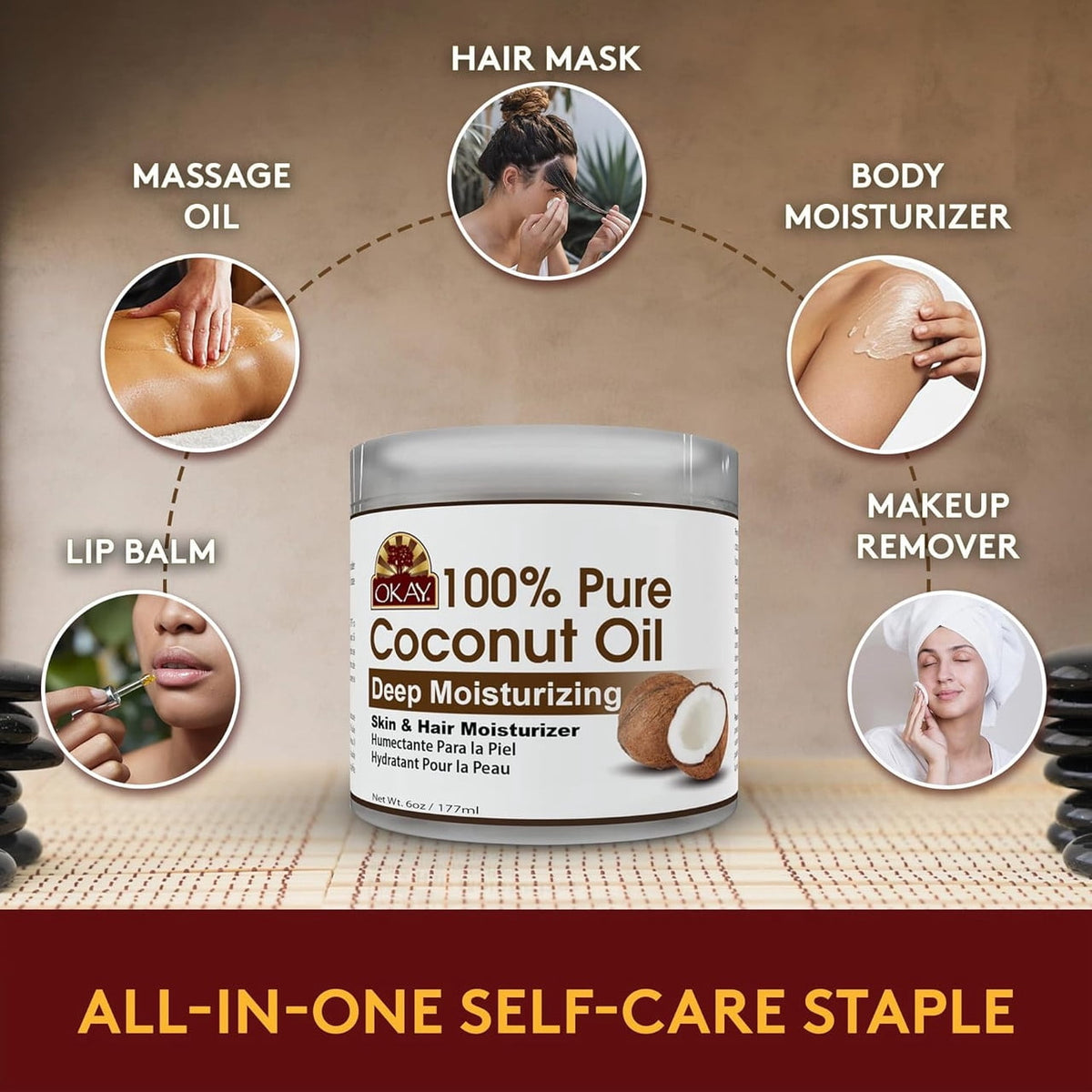 Okay Pure Naturals Pure Coconut Oil with Vitamin E Natural Skin Moisturizer and Anti Dandruff Formula, 6 oz