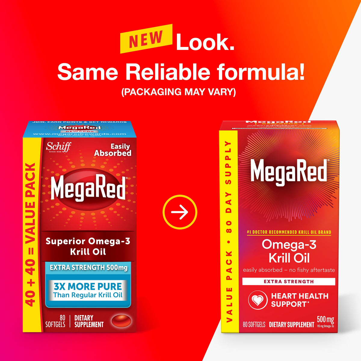 MegaRed Extra Strength 500mg Omega-3 Fish Krill Oil Supplements, Heart Brain Eyes Joints Health, 80 Softgels
