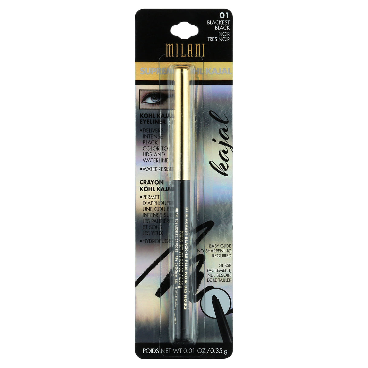 Milani Supreme Kohl Kajal Eyeliner Pencil, Blackest Black 01, 0.01 oz