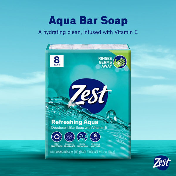Zest Deodorant Bar Soap, Hydrating Moisture for All Skin Types, Aqua, 4 oz, 8 Bars