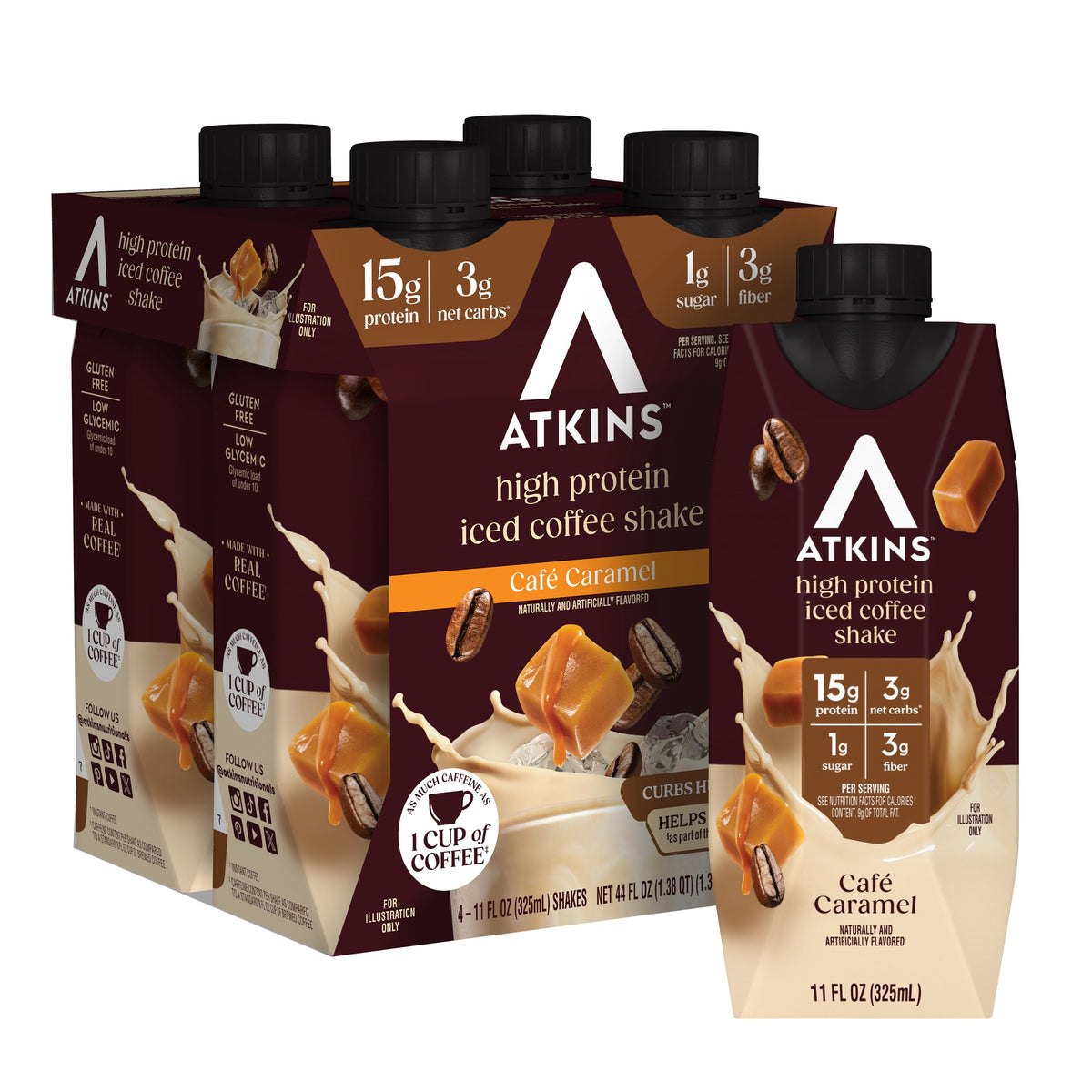 Atkins Protein Shake, Iced Coffee Café Caramel, Keto Friendly, 15g Protein, Caffeinated, 4 Count