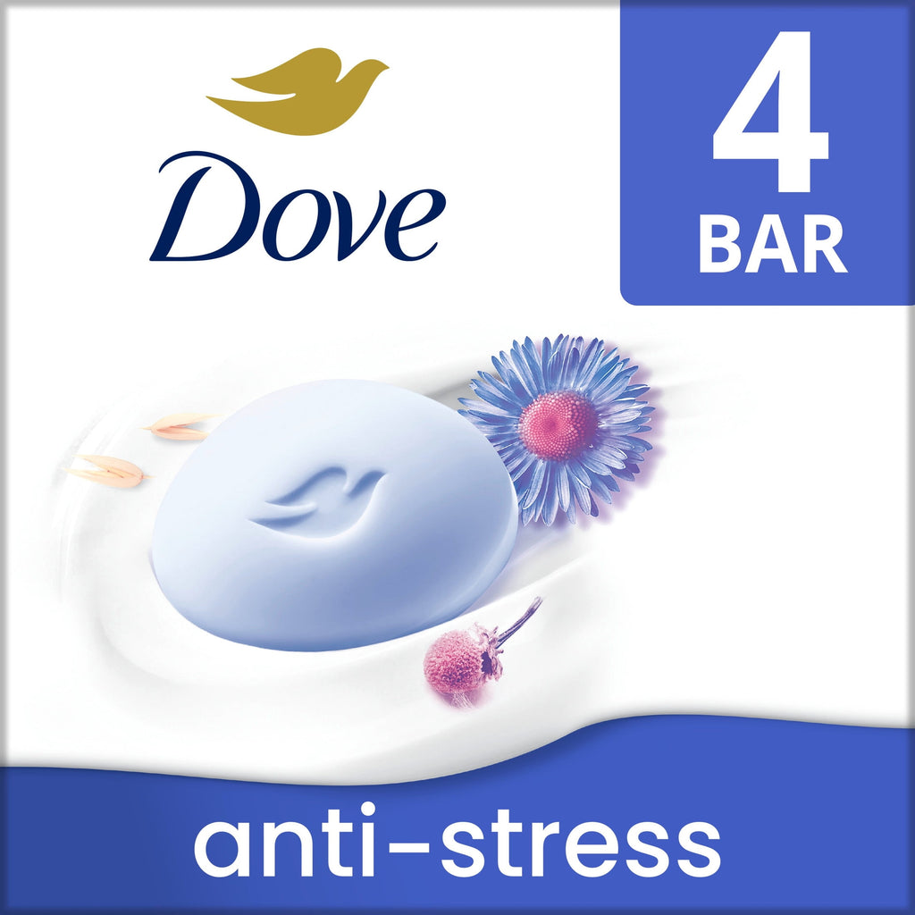 Dove Beauty Bar Soap For Relaxed Skin, Anti-Stress Blue Chamomile & Oat Milk, Calms dry Skin, 3.75 oz 4 Count