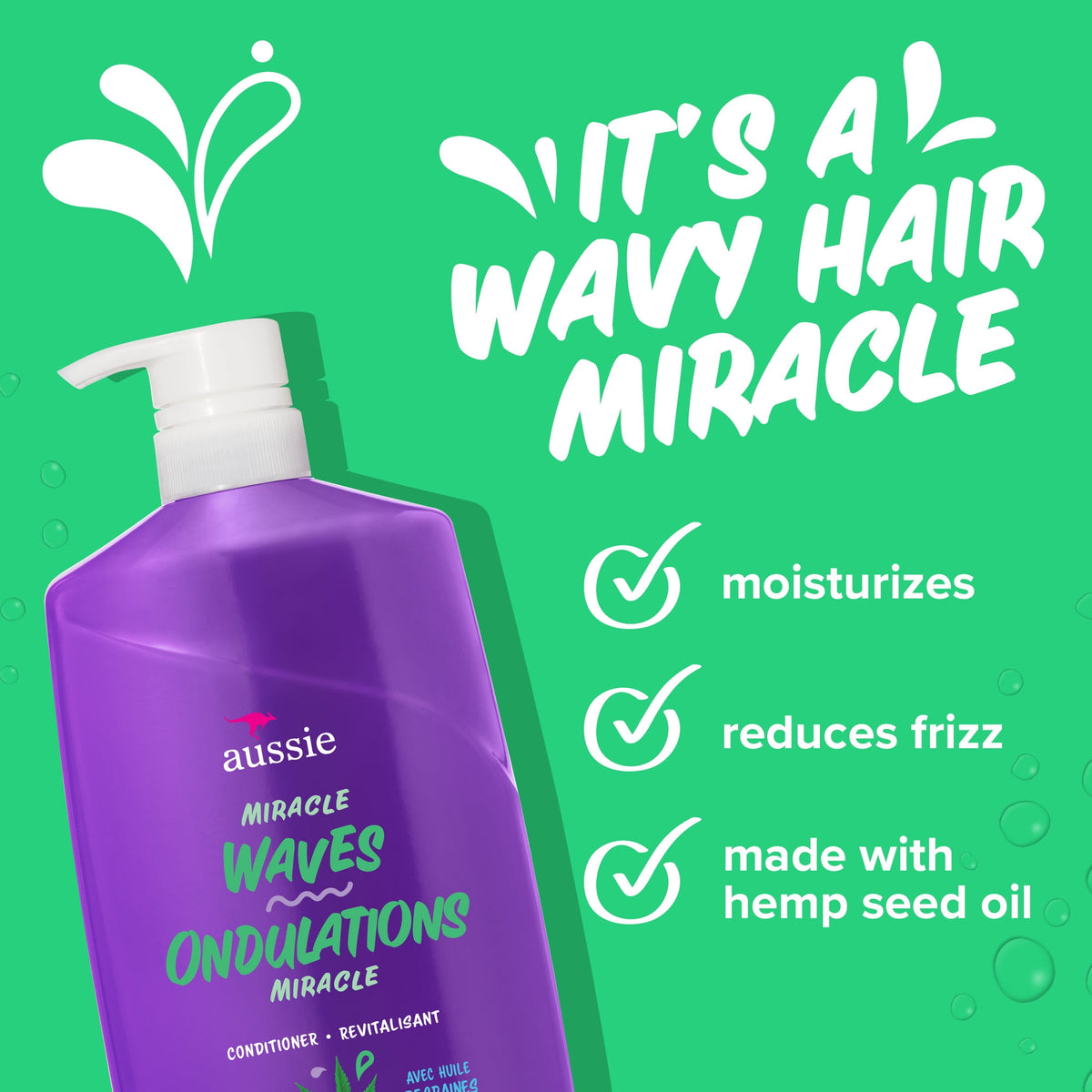 Aussie Miracle Waves Anti-Frizz Hemp Paraben-Free Conditioner, 26.2 fl oz. for All Hair Types