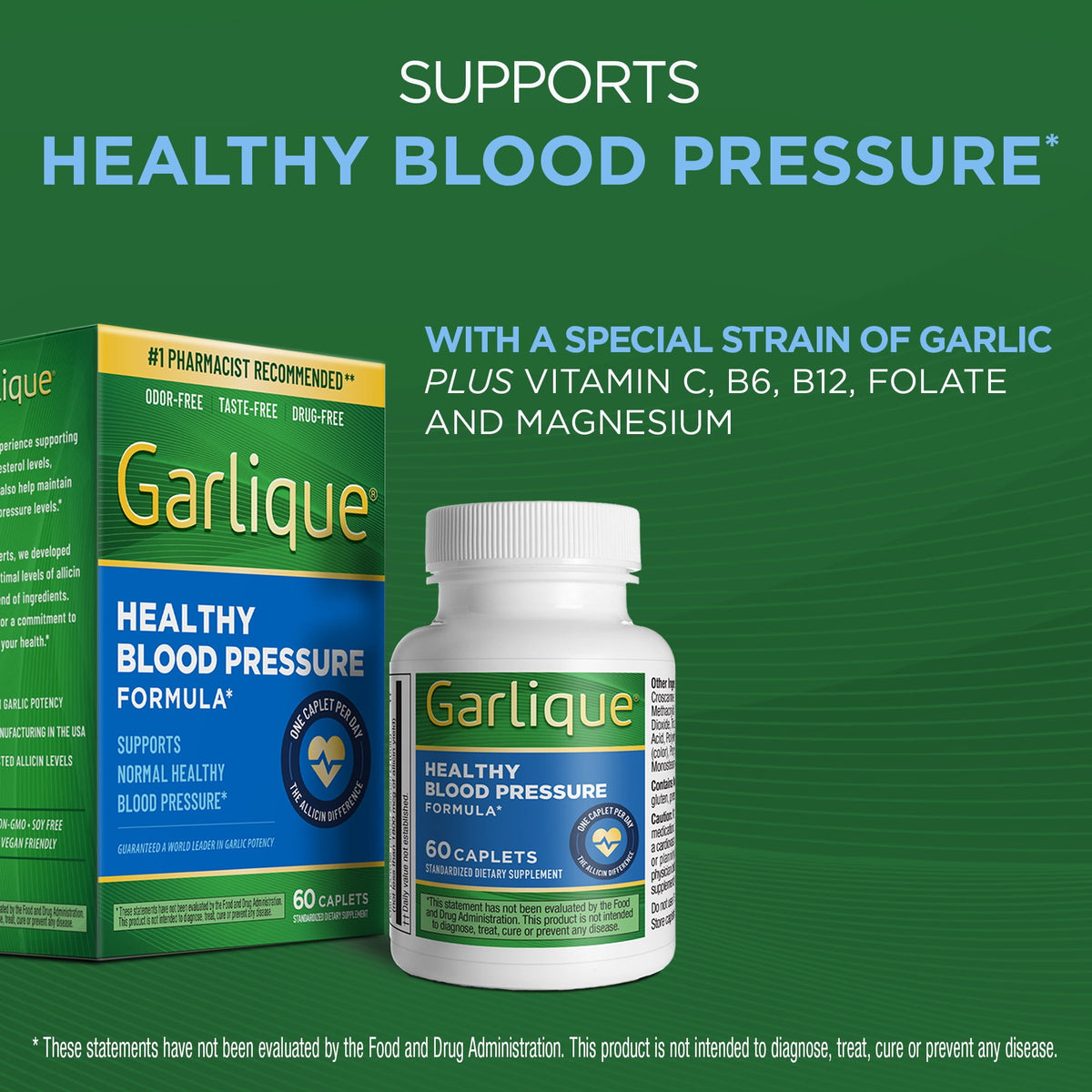 Garlique Garlic Extract Supplement for Healthy Blood Pressure, 60 Caplets, Odorless and Tasteless