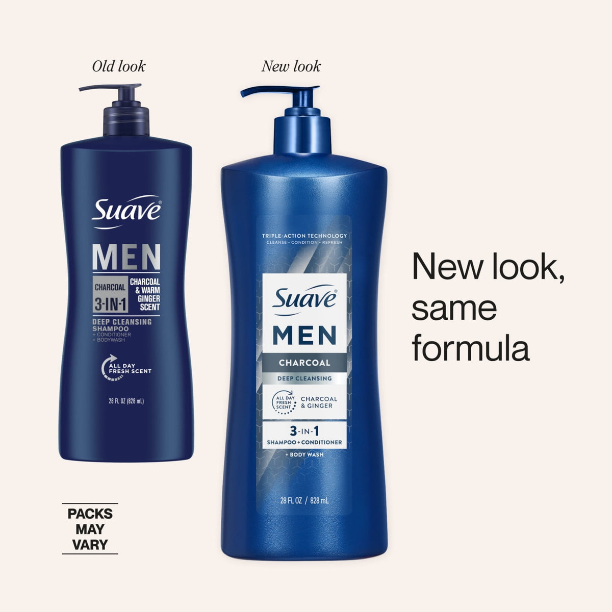 Suave Men Deep Cleansing 3-in-1 Shampoo, Conditioner & Body Wash with Charcoal, 28 FL OZ