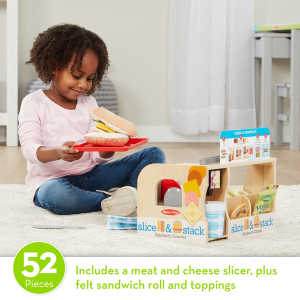Melissa & Doug Wooden Slice & Stack Sandwich Counter with Deli Slicer – 56-Pieces - FSC Certified