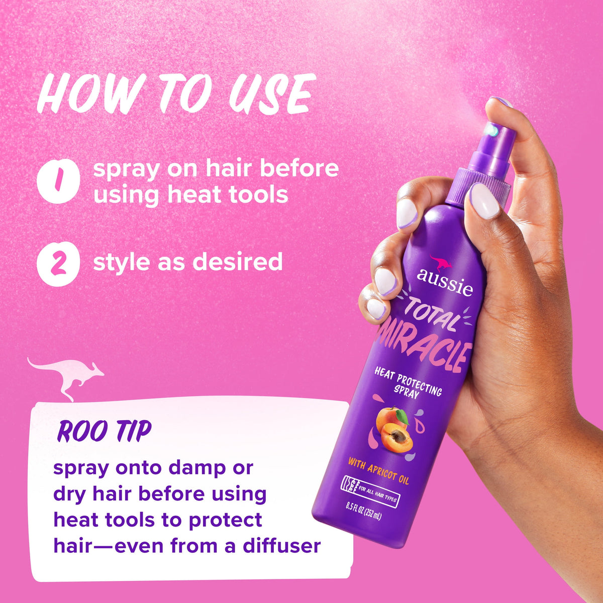 Aussie Total Miracle Heat Protecting Spray, for All Hair Types, Sulfate Free, 8.5 fl oz