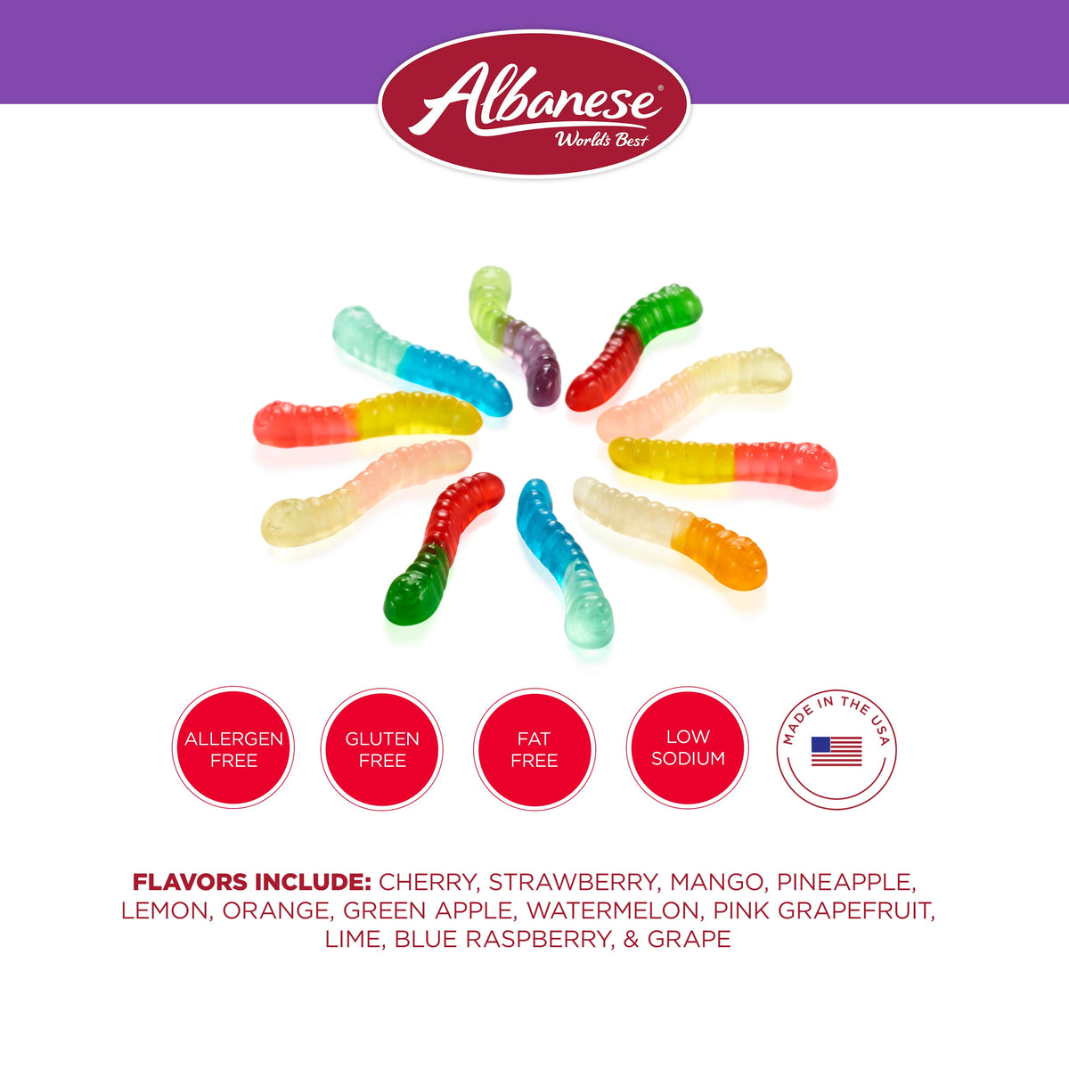 Albanese World's Best 12 Flavor Gummi Worms, 7.5 oz Regular Size