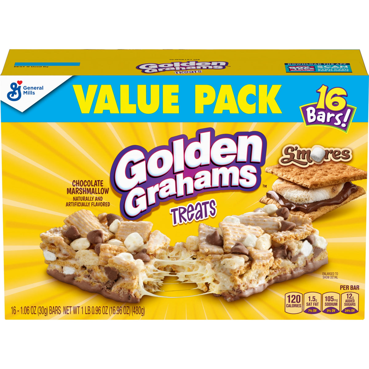 Golden Grahams Cereal Treat Bars, S'mores, Snack Bars, Value Pack, 16 Count, 16.96 oz