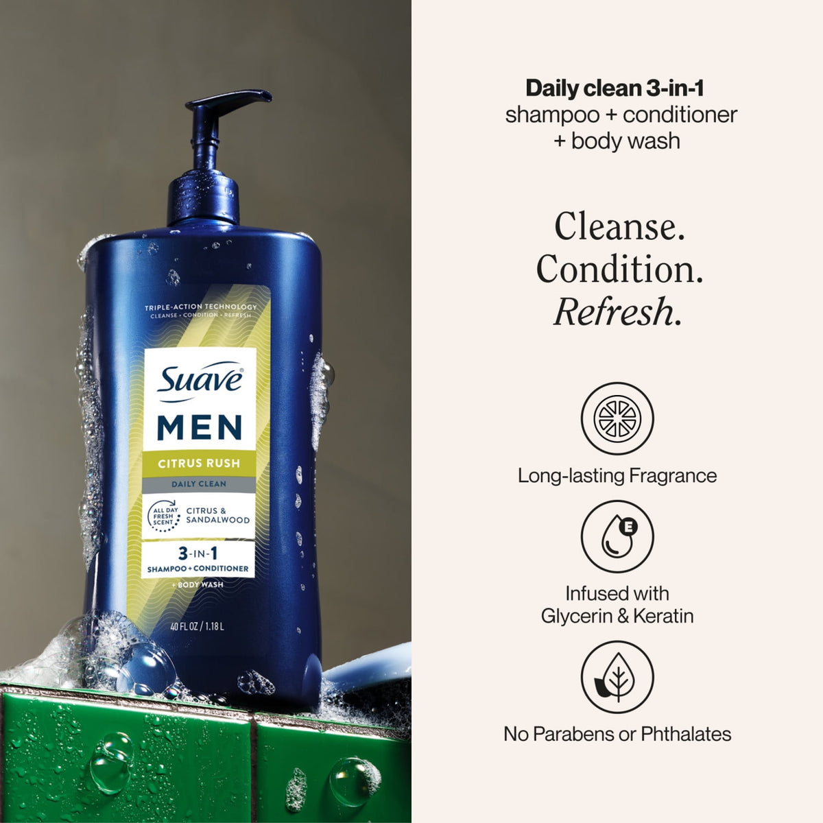 Suave Men Citrus Rush 3-in-1 Shampoo, Conditioner & Body Wash with Glycerin & Keratin, 40 OZ
