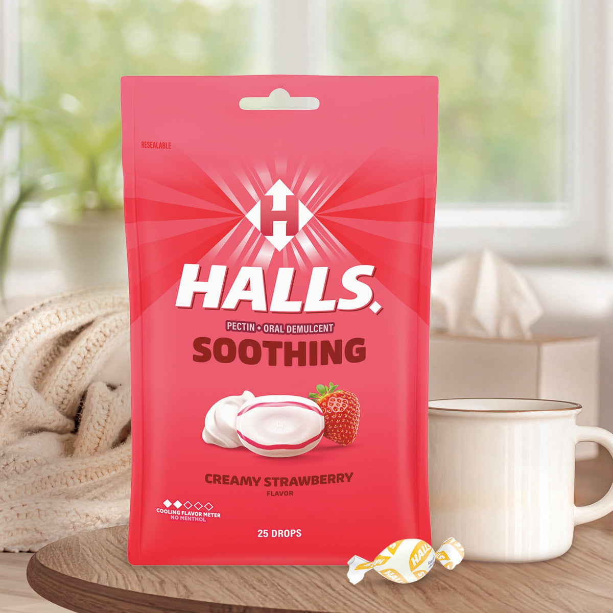 HALLS Soothing Creamy Strawberry Throat Drops, FSA/HSA Eligible, 25 Drops
