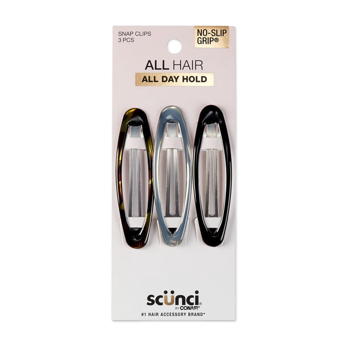 Scunci No-Slip Grip Oval Snap Hair Clips, Multicolor, 3 Count