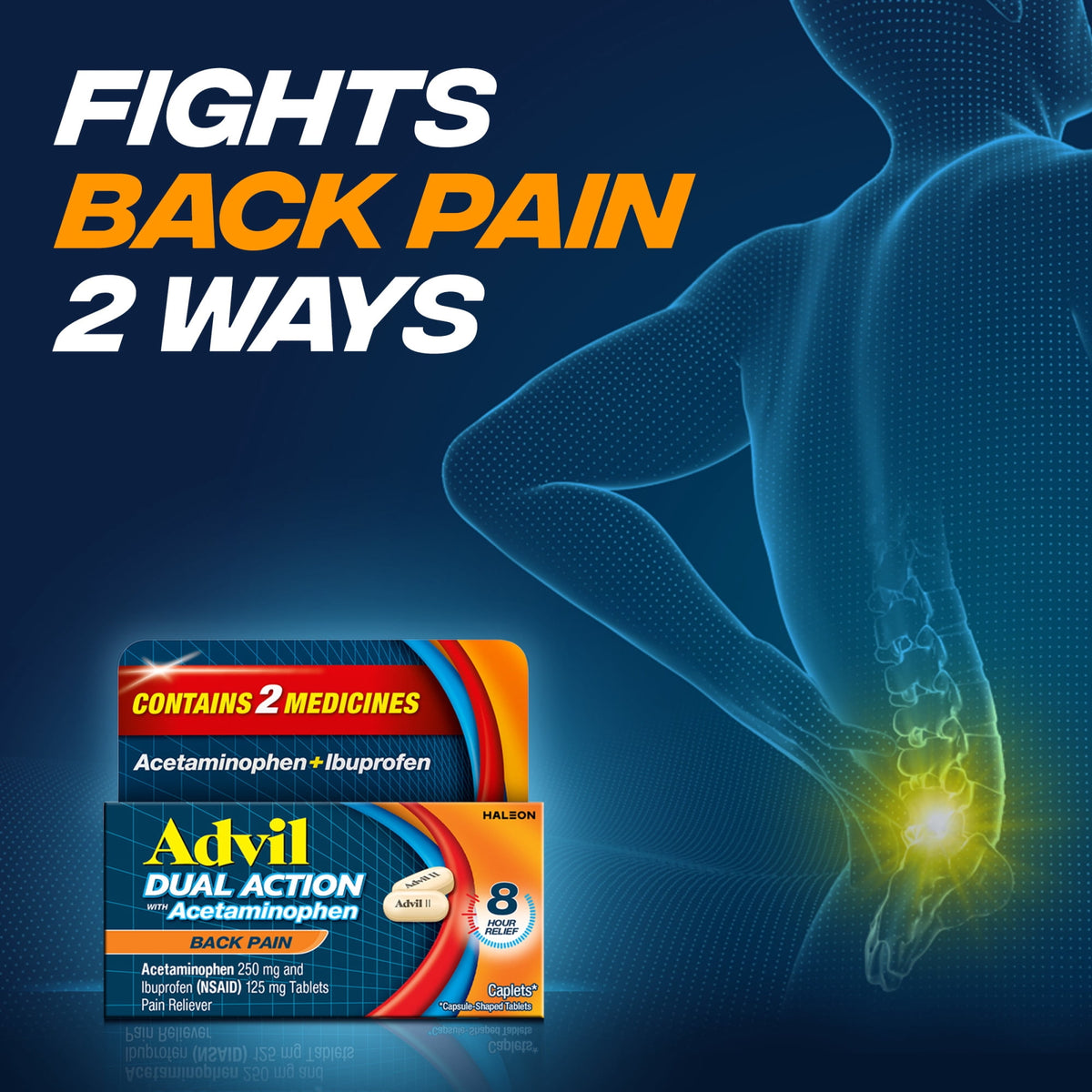 Advil Dual Action Back Pain Coated Caplets With Acetaminophen, 72 Count