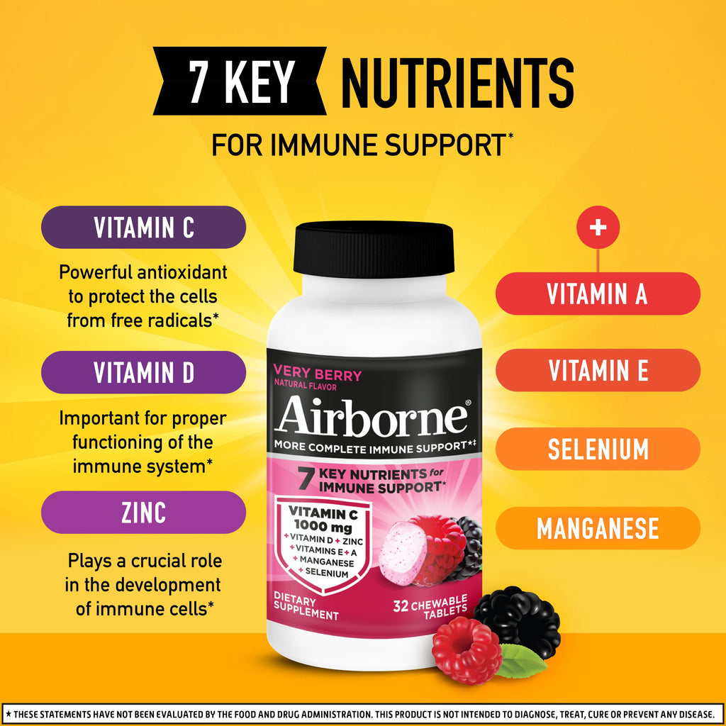 Airborne 1000mg Vitamin C Immune Support Chewable Tablets, Multivitamin Supplement, Very Berry Flavor, 32 ct