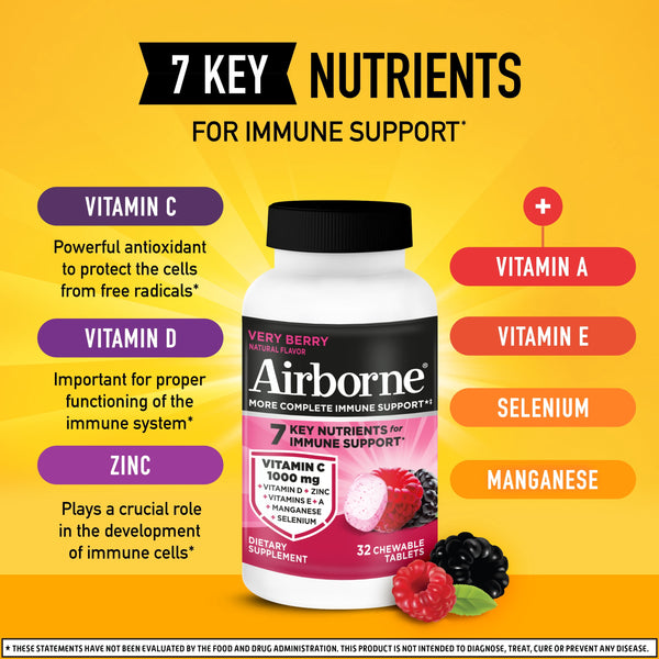 Airborne 1000mg Vitamin C Immune Support Chewable Tablets, Multivitamin Supplement, Very Berry Flavor, 32 ct