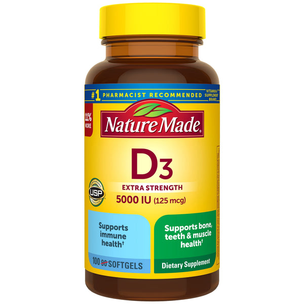 Nature Made Extra Strength Vitamin D3 5000 IU (125 mcg) Softgels, Dietary Supplement, 100 Count