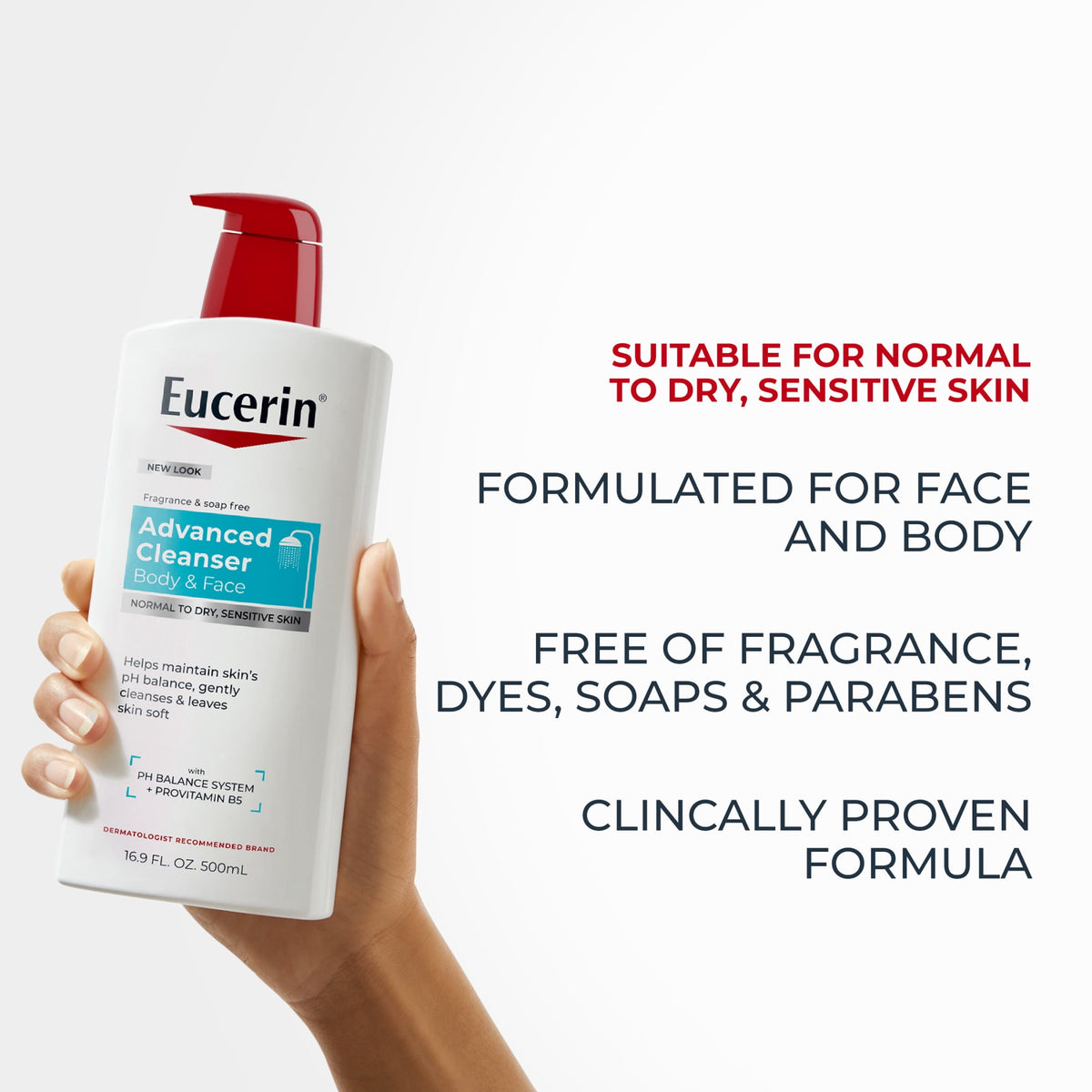 Eucerin Advanced Repair Cleansing Body and Face Cleanser for Normal to Dry, Sensitive Skin, 16.9 fl oz Bottle