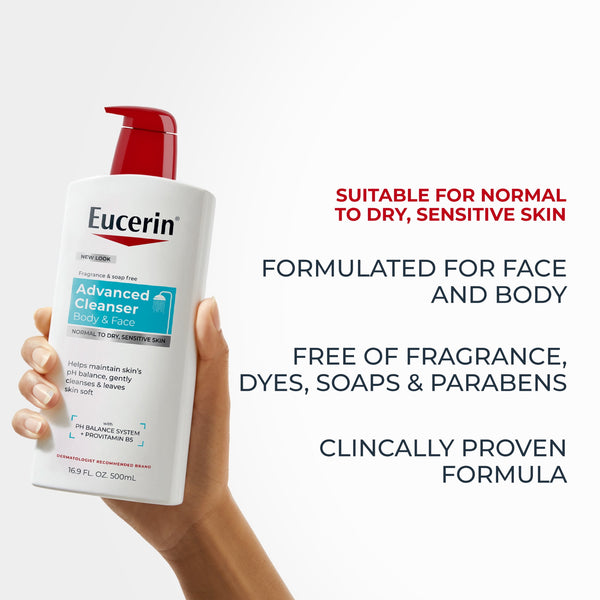 Eucerin Advanced Repair Cleansing Body and Face Cleanser for Normal to Dry, Sensitive Skin, 16.9 fl oz Bottle