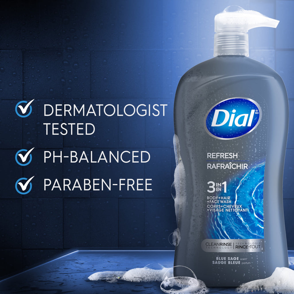 Dial Refresh 3-in-1 Men's Body Wash for Body, Hair & Face, Blue Sage Scent, 32 fl oz