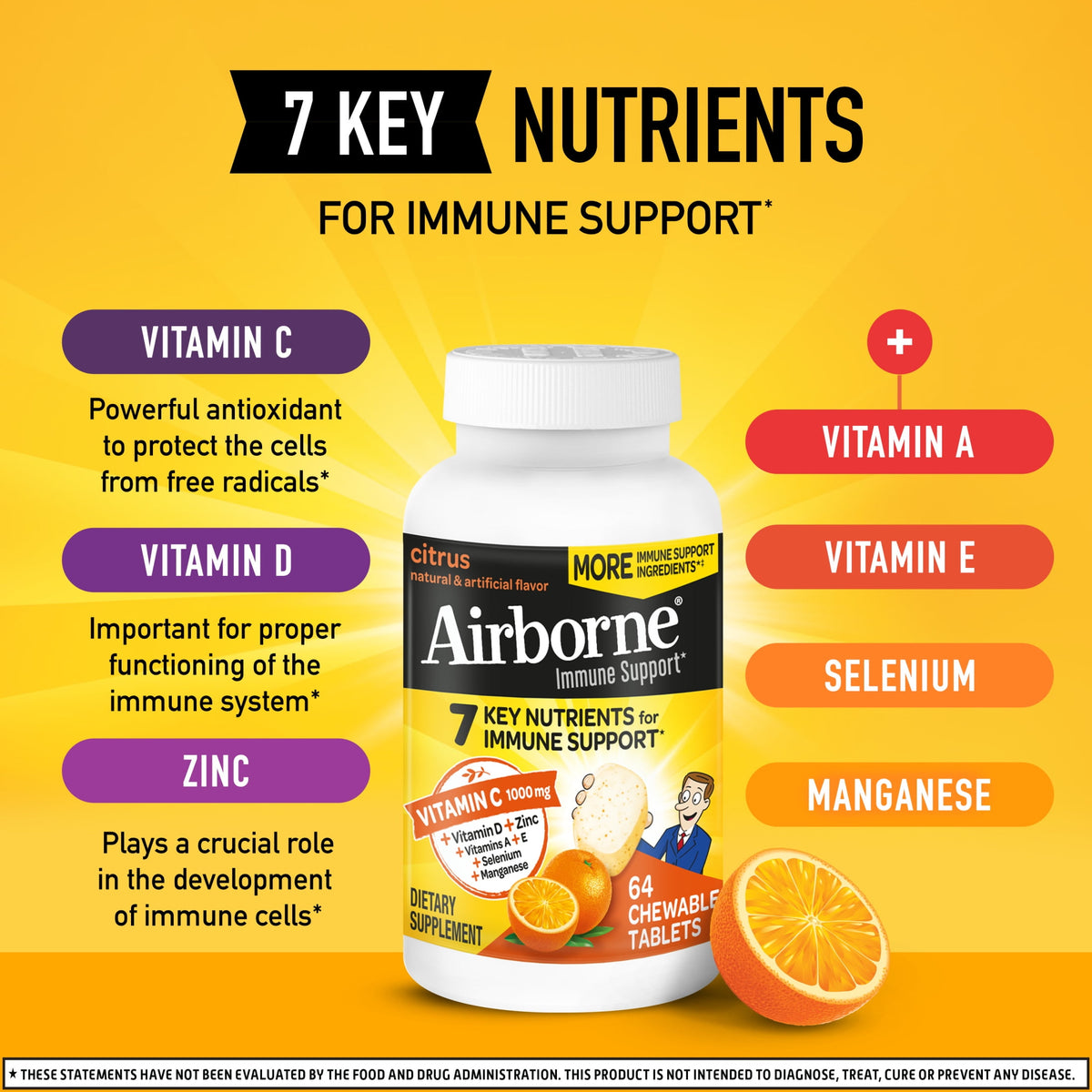 Airborne 1000mg Vitamin C Immune Support Chewable Tablets, Multivitamin Supplement, Citrus Flavor, 64 ct