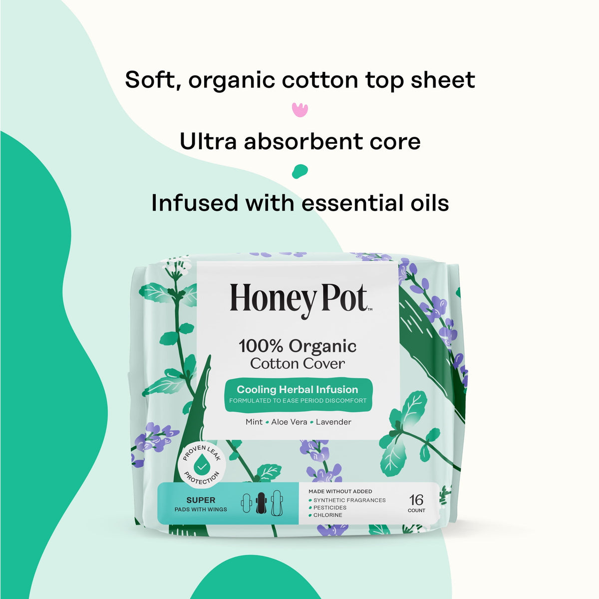 Honey Pot 100% Organic Cotton Cover Cooling Herbal Infusion Super Pads, 16 Count