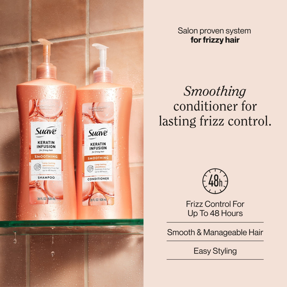 Suave Keratin Infusion Smoothing Conditioner For Frizzy Hair, 48HR Frizz Control, 28 fl oz