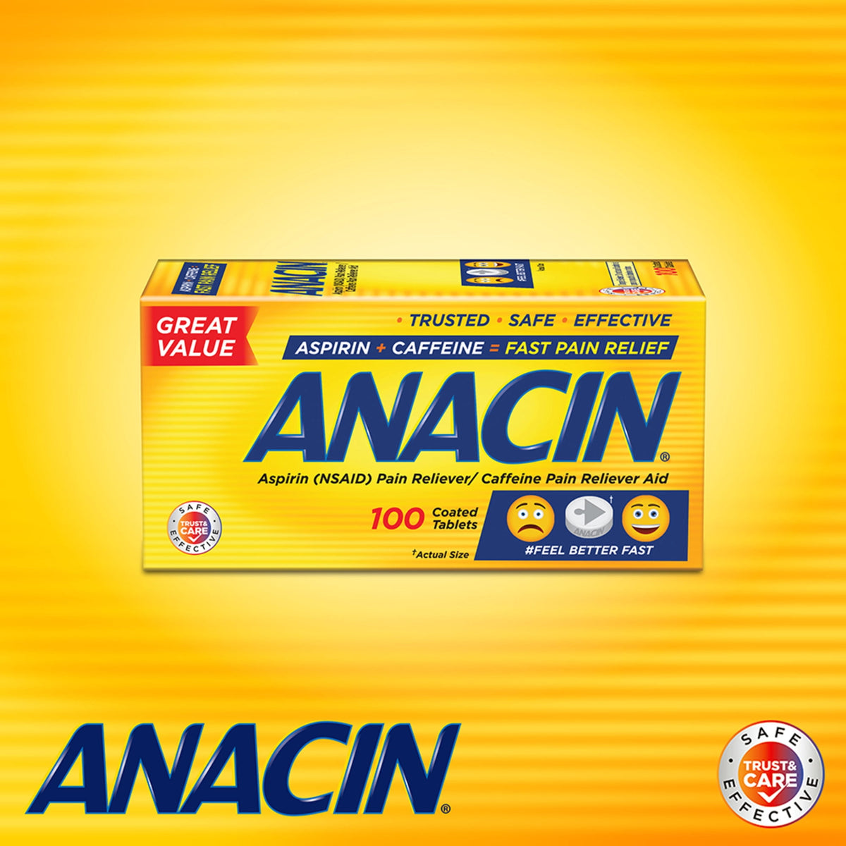 Anacin Fast Pain Relief Pain Reducer Aspirin Tablets, 100 Tablets