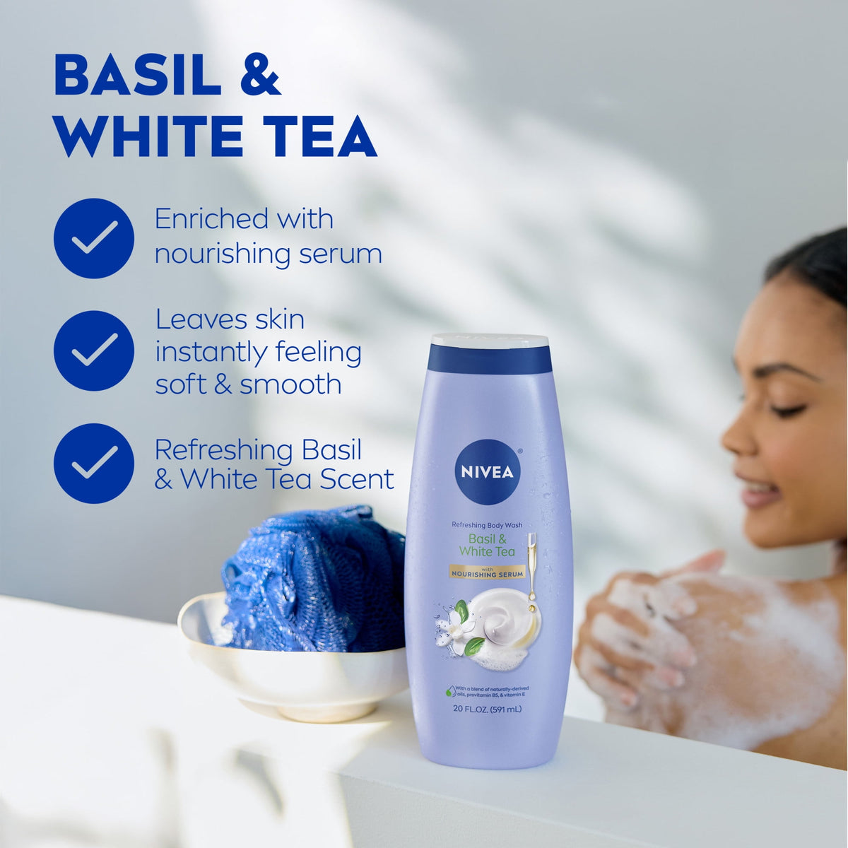 NIVEA Refreshing Body Wash for Women, Basil and White Tea, Nourishing Serum, 20 fl oz