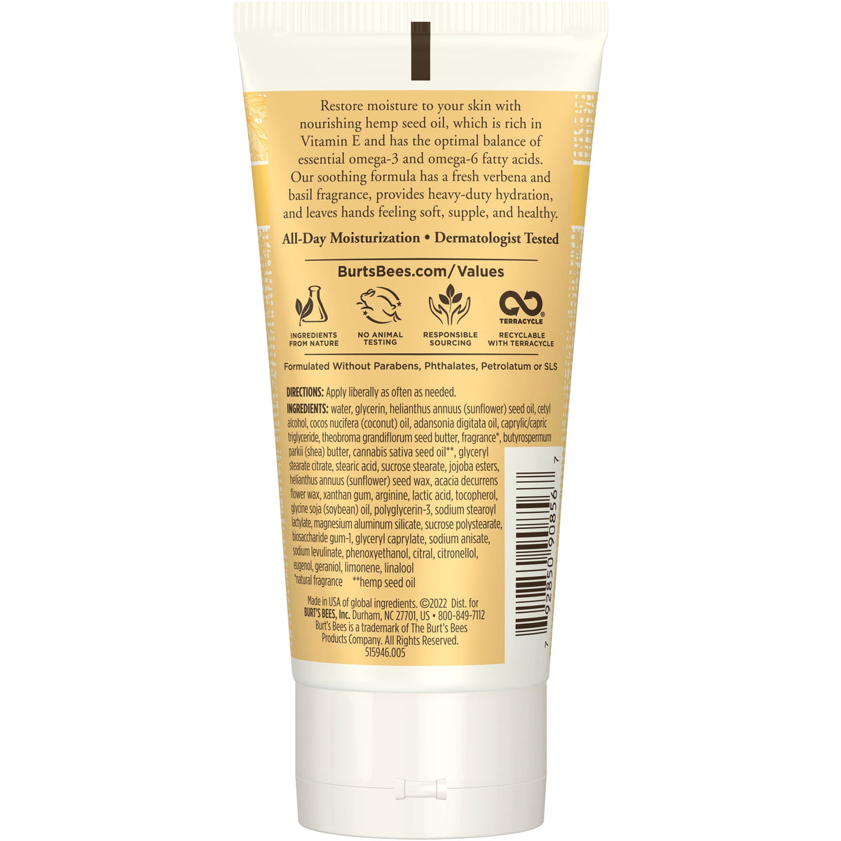 Burt's Bees Hemp Seed Oil Vitamin E Hand Cream for Dry Skin, Verbena And Basil, 2.5 oz