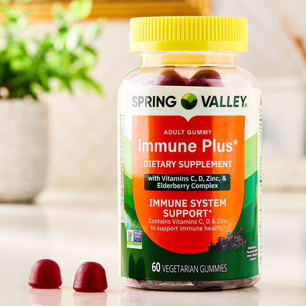 Spring Valley Immune Plus Dietary Supplement Vegetarian Gummies for Immune System Support, Elderberry, 60 Count