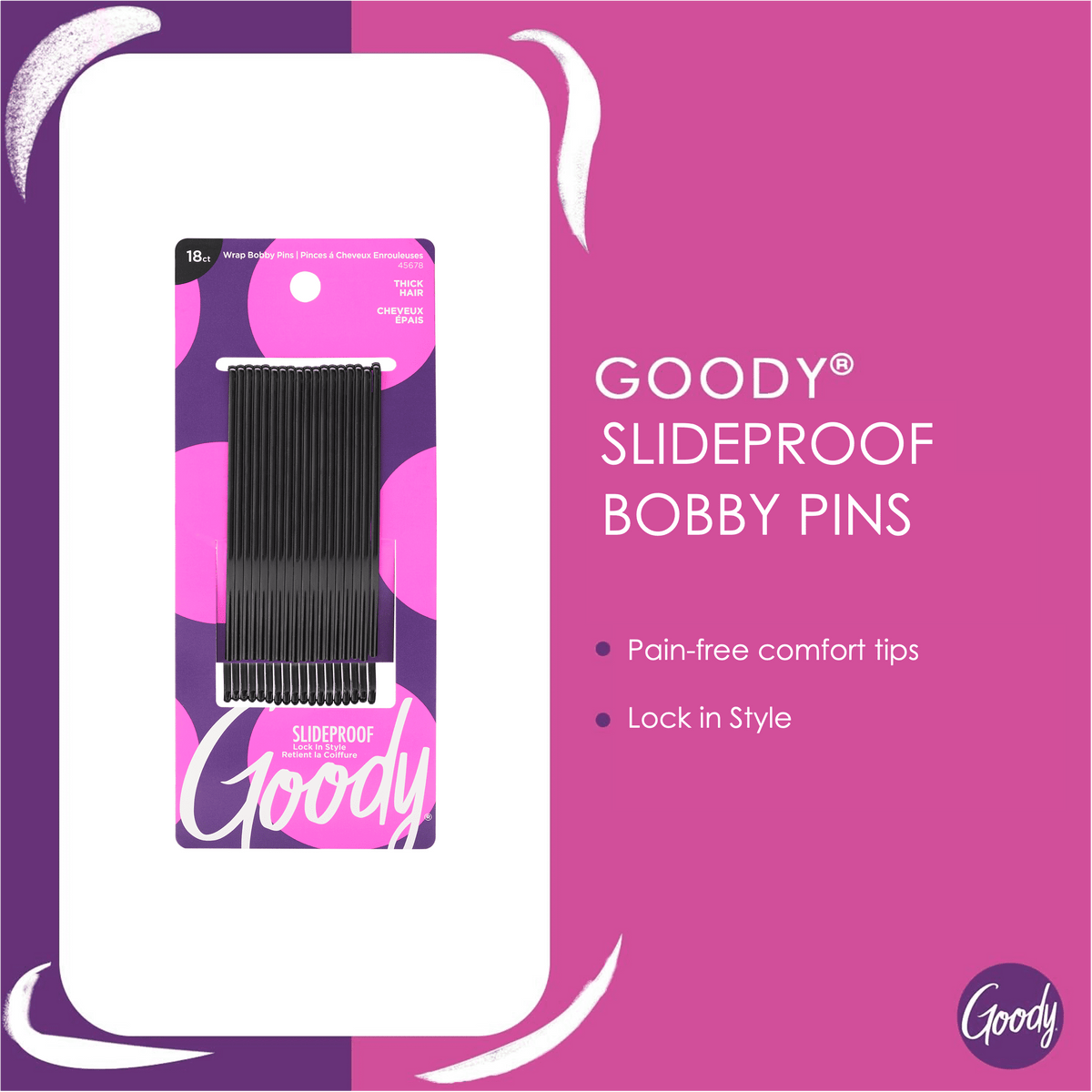 Goody Slide Proof Curved Bobby Pins for Thick Hair, Hair Pins for Buns and Updos, 18 Ct