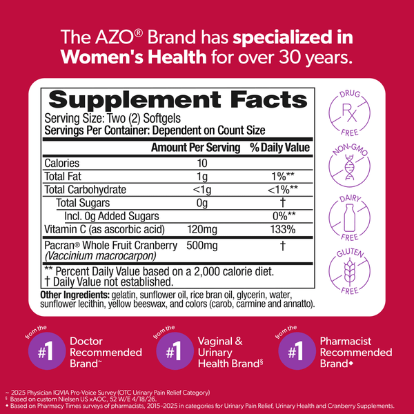 AZO Cranberry Urinary Tract Health Supplement, Helps Cleanse & Protect for Reduced UTIs, 120 Count