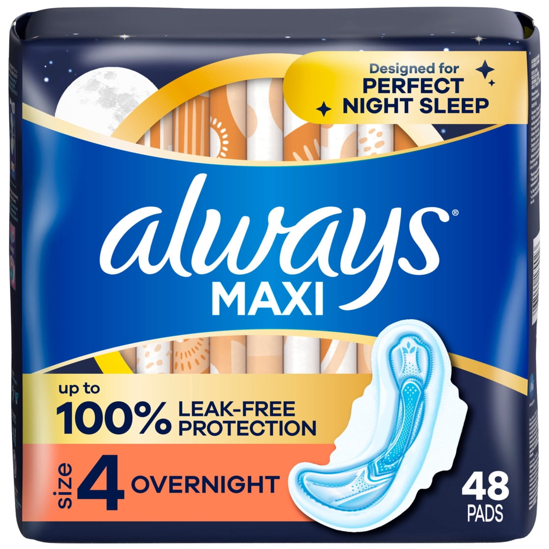 Always Maxi Overnight Pads with Wings, Size 4, 48 Count