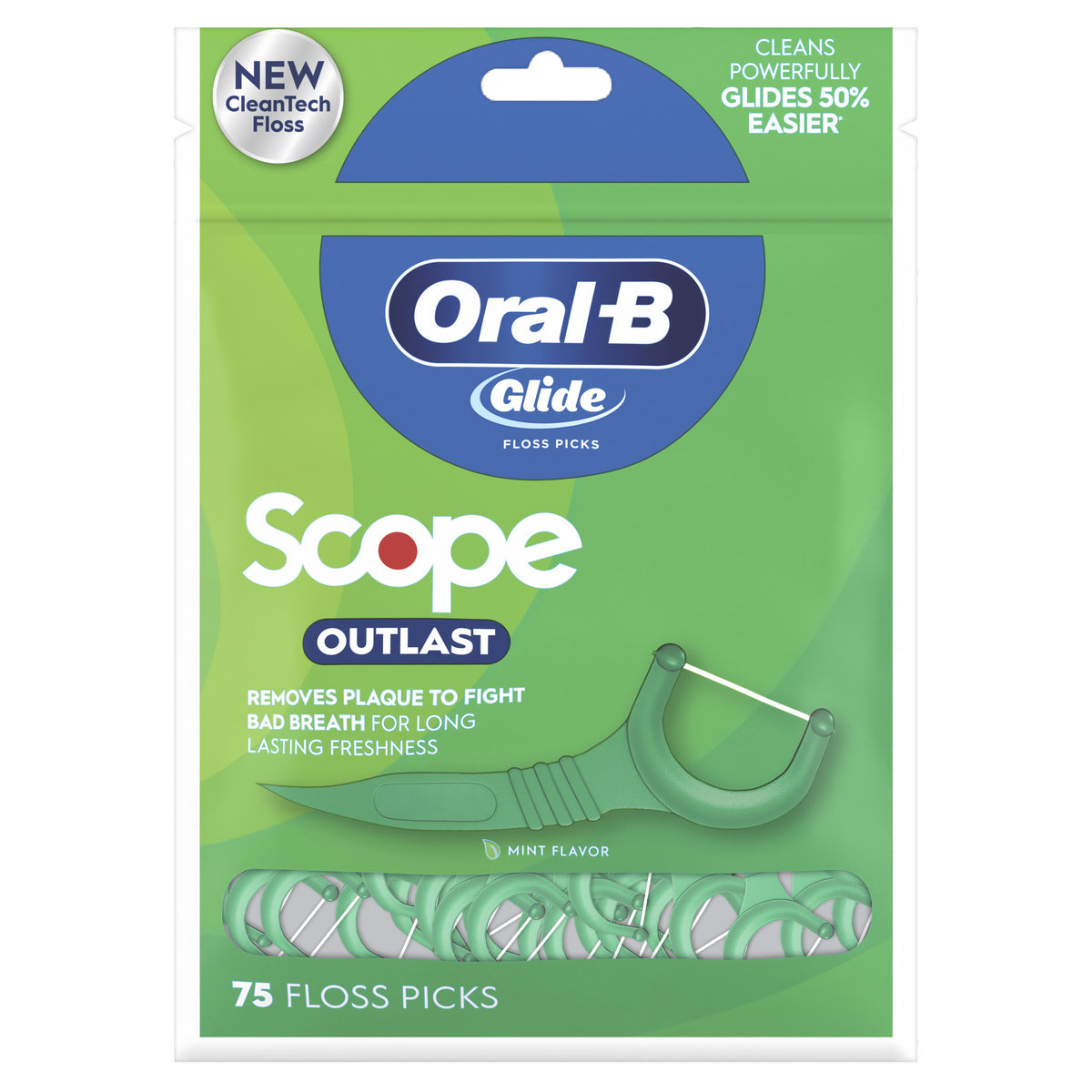Oral-B Floss, Glide Mint Dental Floss Picks with Long Lasting Scope Flavor, 75 Picks