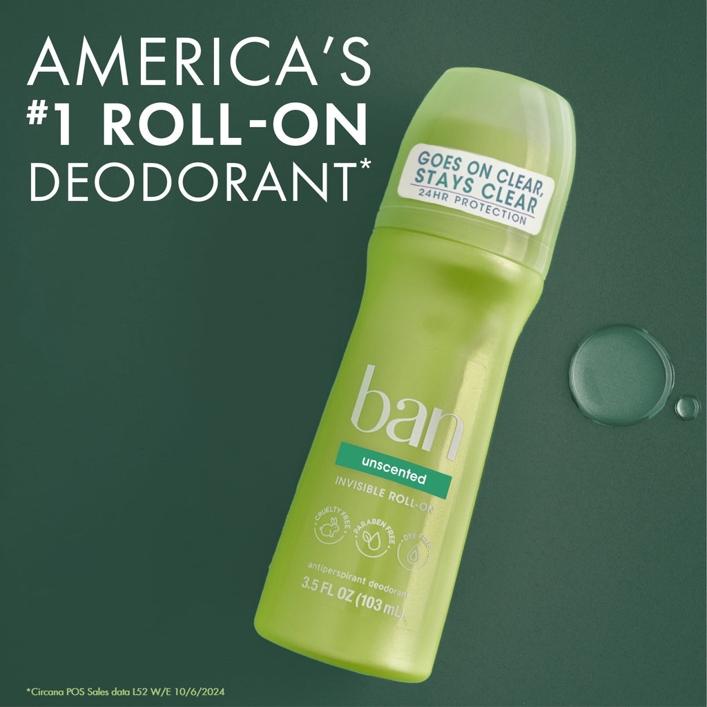 Ban Invisible Roll-on Antiperspirant and Deodorant for Women and Men, Unscented, 3.5 fl oz