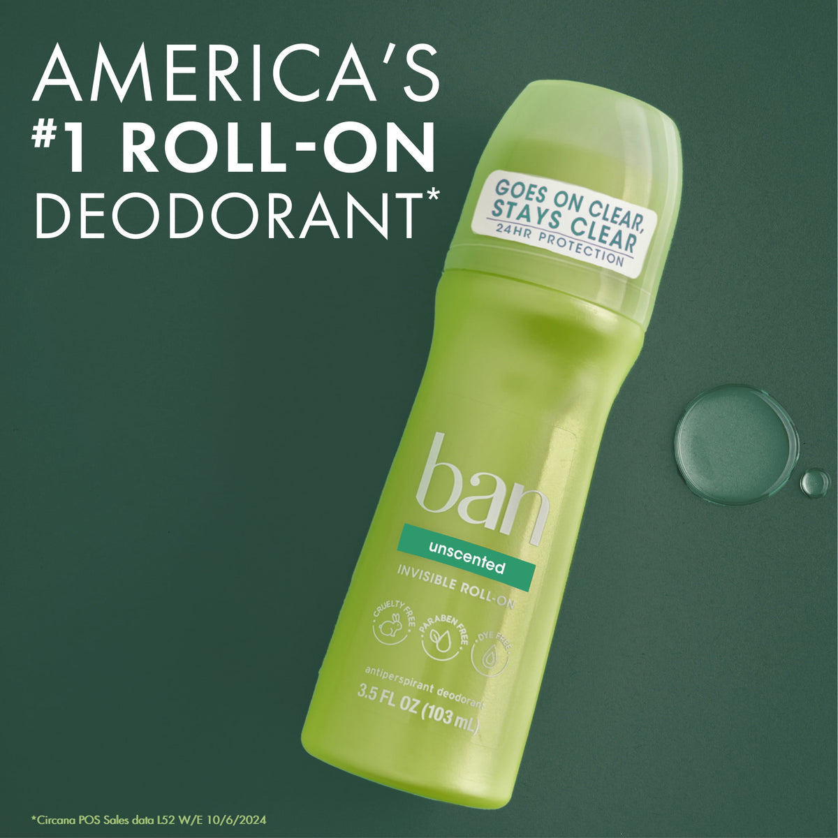 Ban Invisible Roll-on Antiperspirant and Deodorant for Women and Men, Unscented, 3.5 fl oz