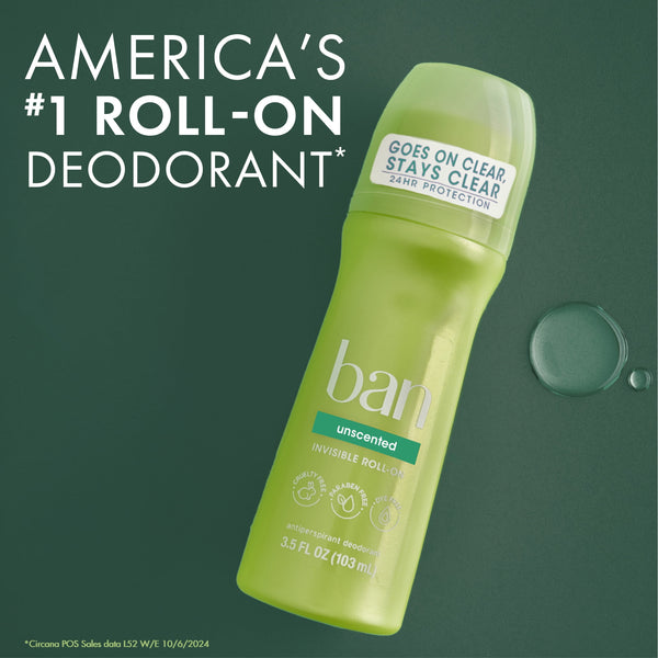 Ban Invisible Roll-on Antiperspirant and Deodorant for Women and Men, Unscented, 3.5 fl oz