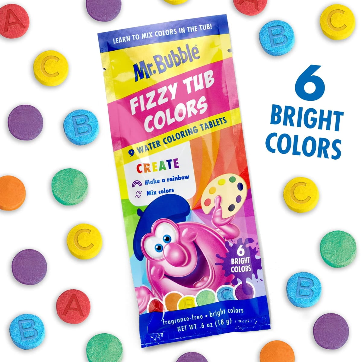 Mr. Bubble Fizzy Tub Colors, Fragrance Free, Waterfall Cap, 150 Count