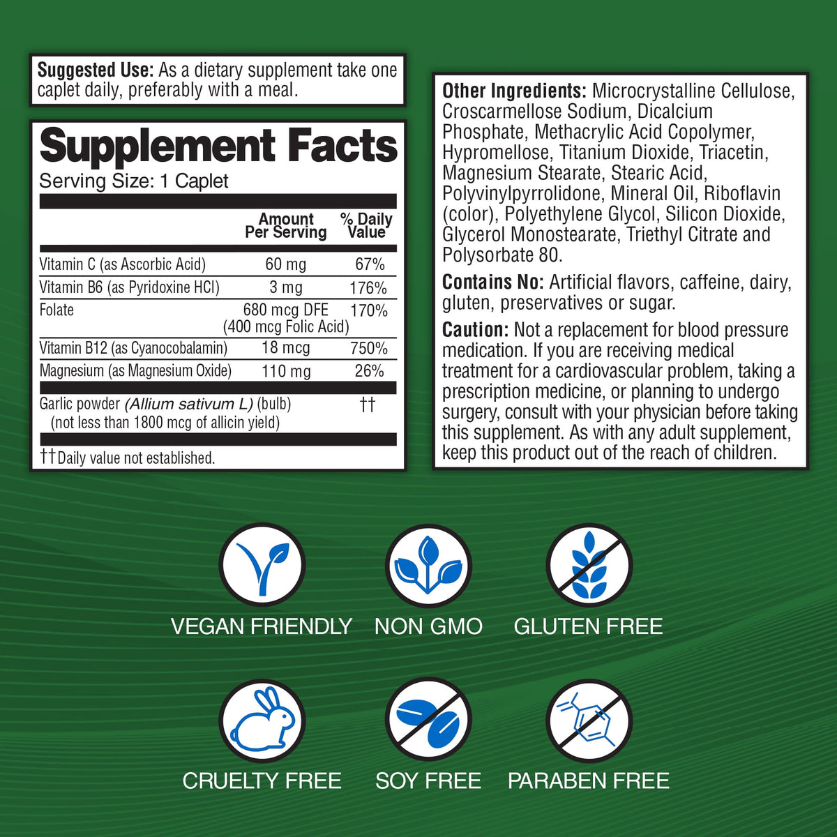 Garlique Garlic Extract Supplement for Healthy Blood Pressure, 60 Caplets, Odorless and Tasteless